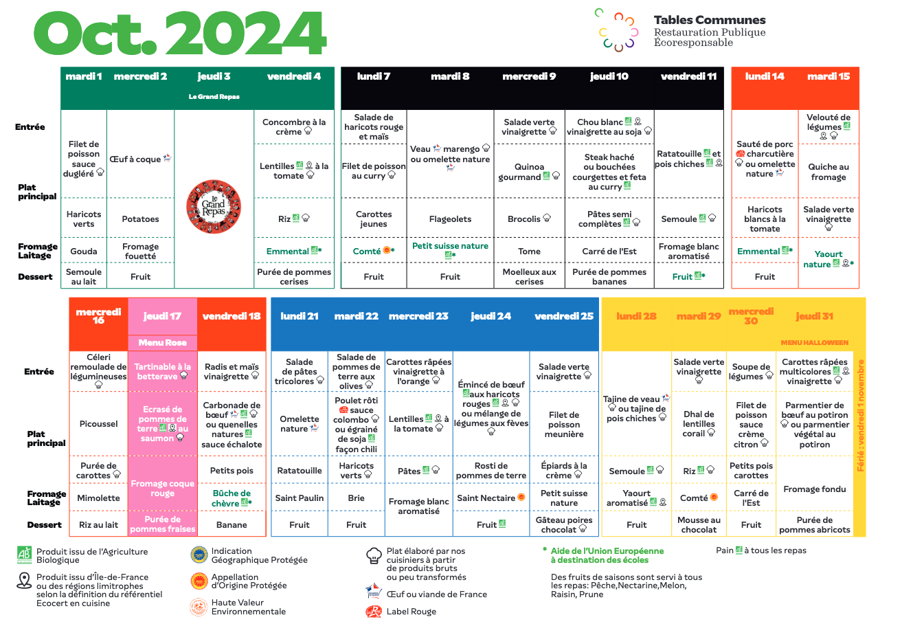 menus cantine oct