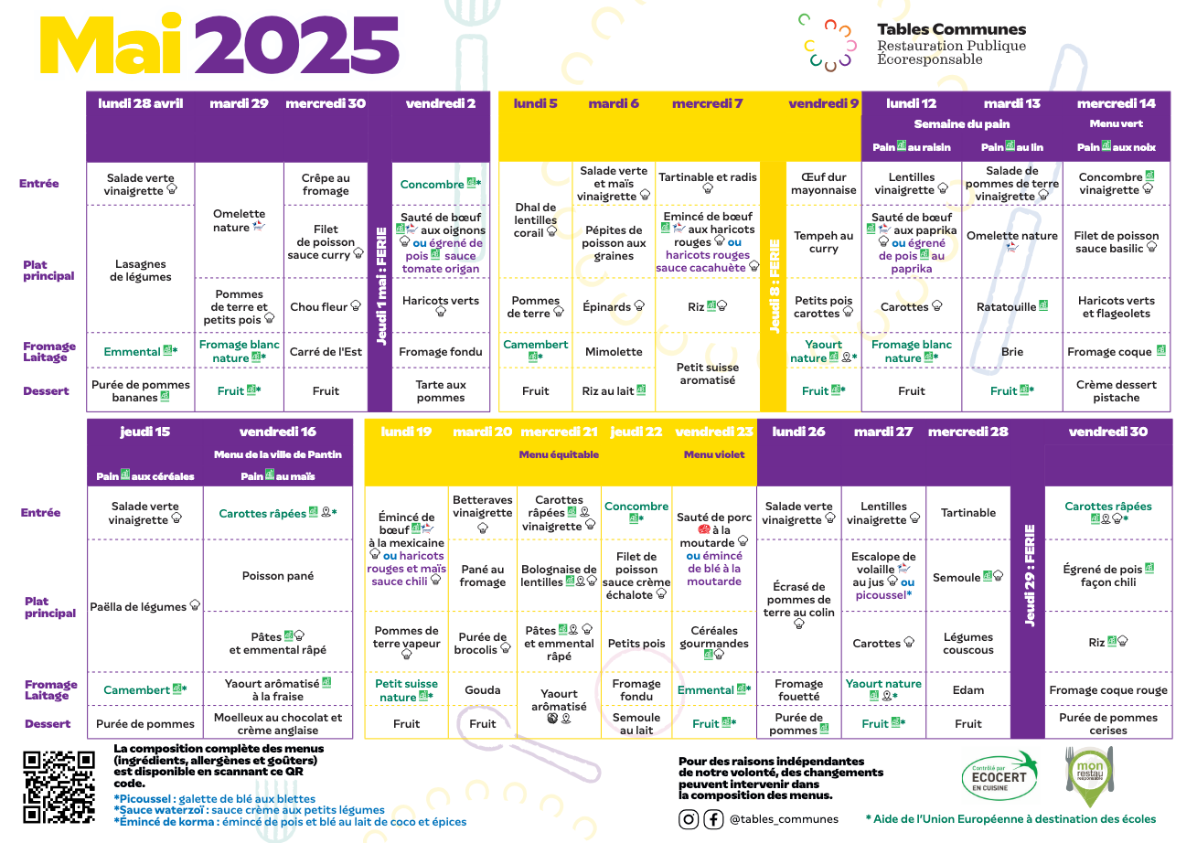 Menu mai 2025