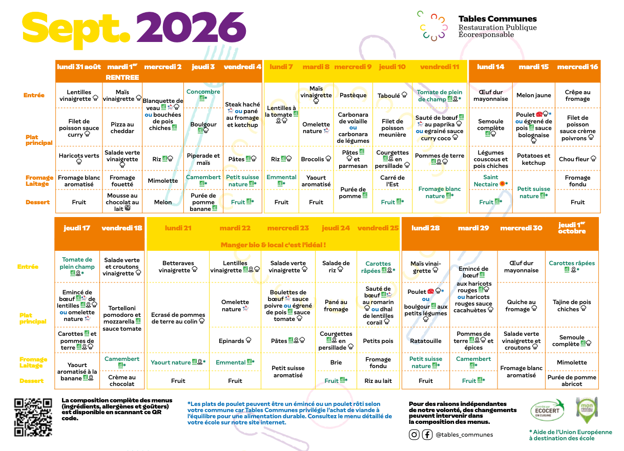 Menu septembre 2026